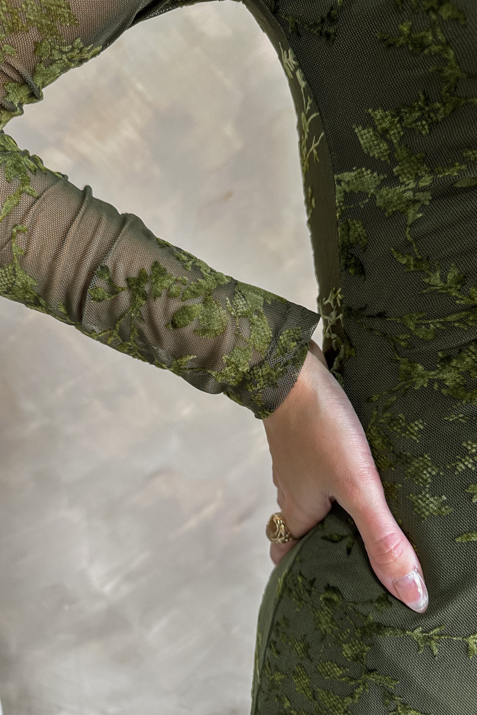 Emory Olive Velvet Floral Midi Dress - Image 3