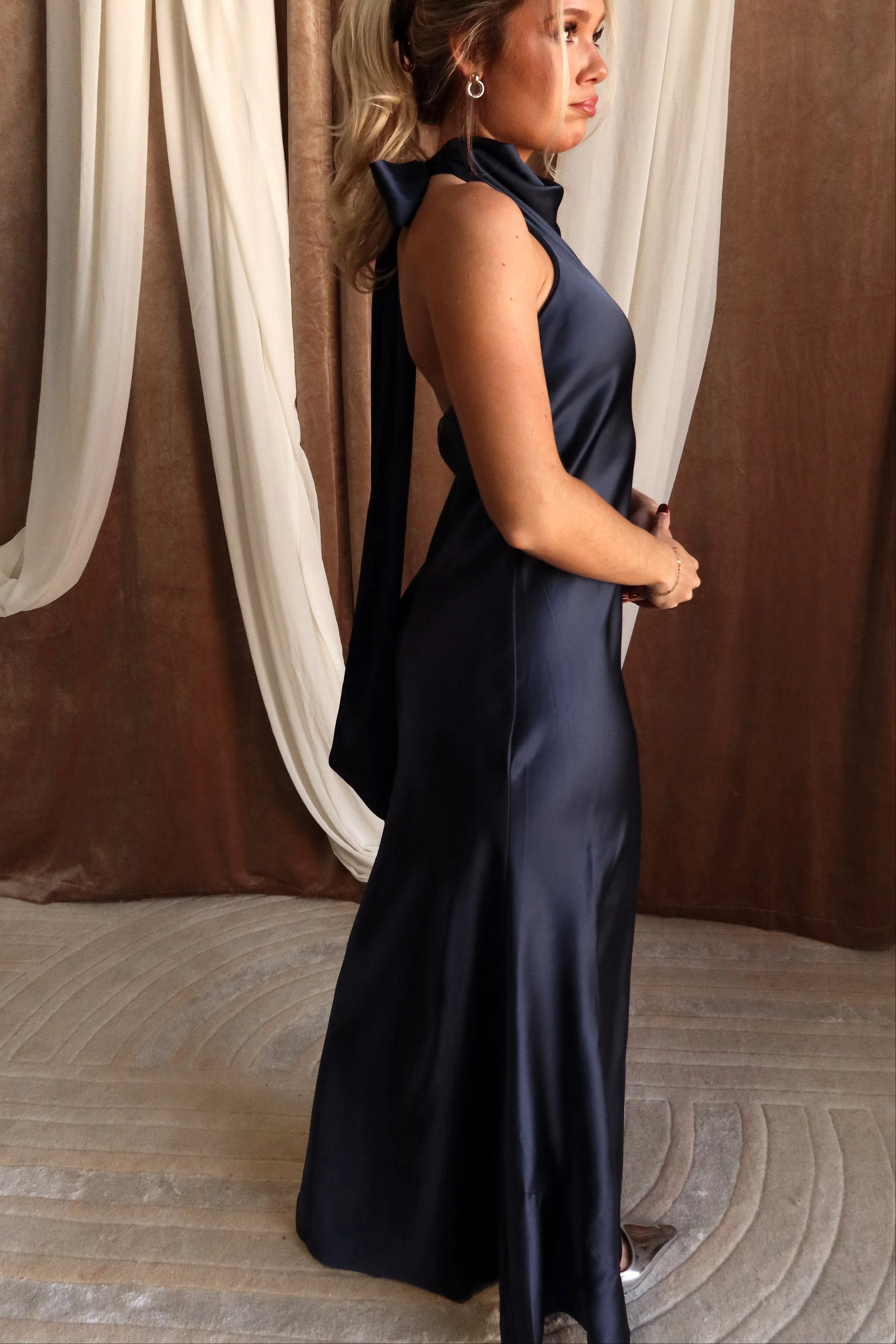 Irina Navy Halter Satin Maxi Dress - Image 5