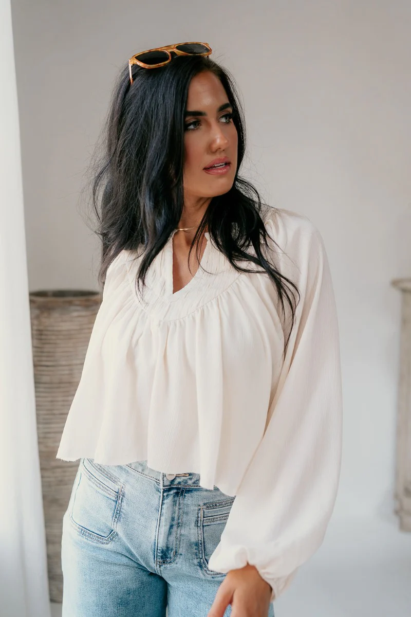 Isadora Cream Crepe Long Sleeve Babydoll Top - Image 2