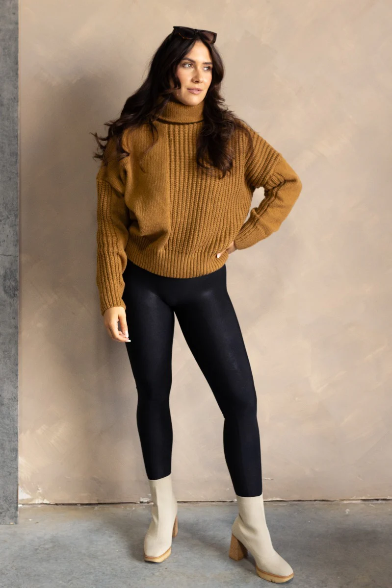 Isla Camel Cable Knit Turtleneck Sweater - Image 2