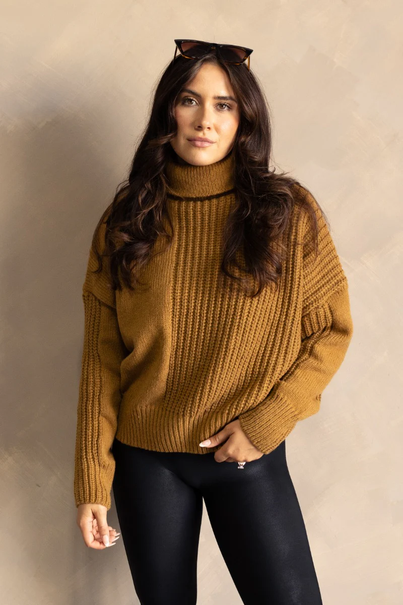 Isla Camel Cable Knit Turtleneck Sweater - Image 4
