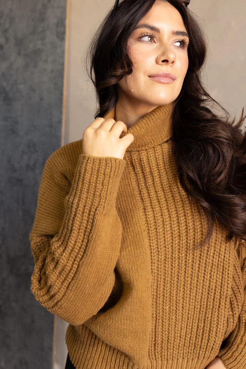 Isla Camel Cable Knit Turtleneck Sweater - Image 5