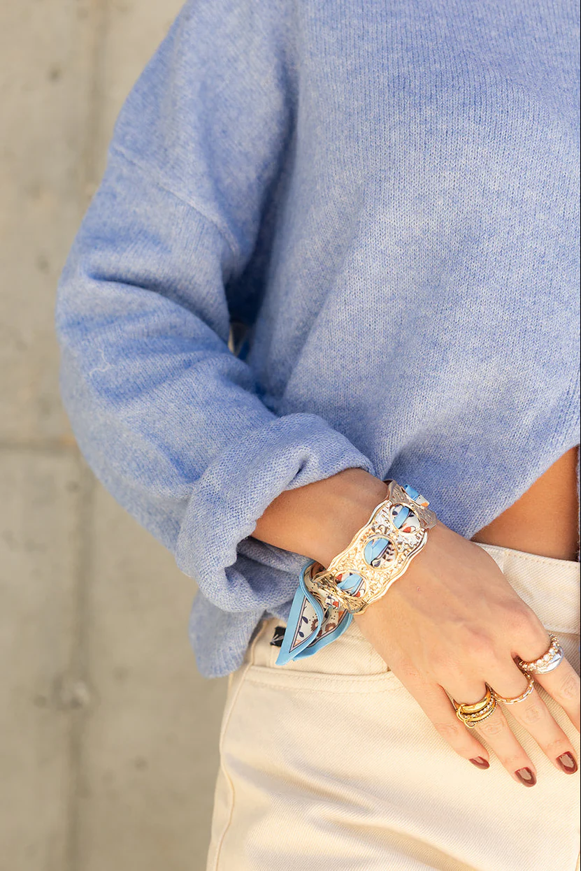 Isla Cream & Blue Scarf Gold Cuff Bracelet - Image 3