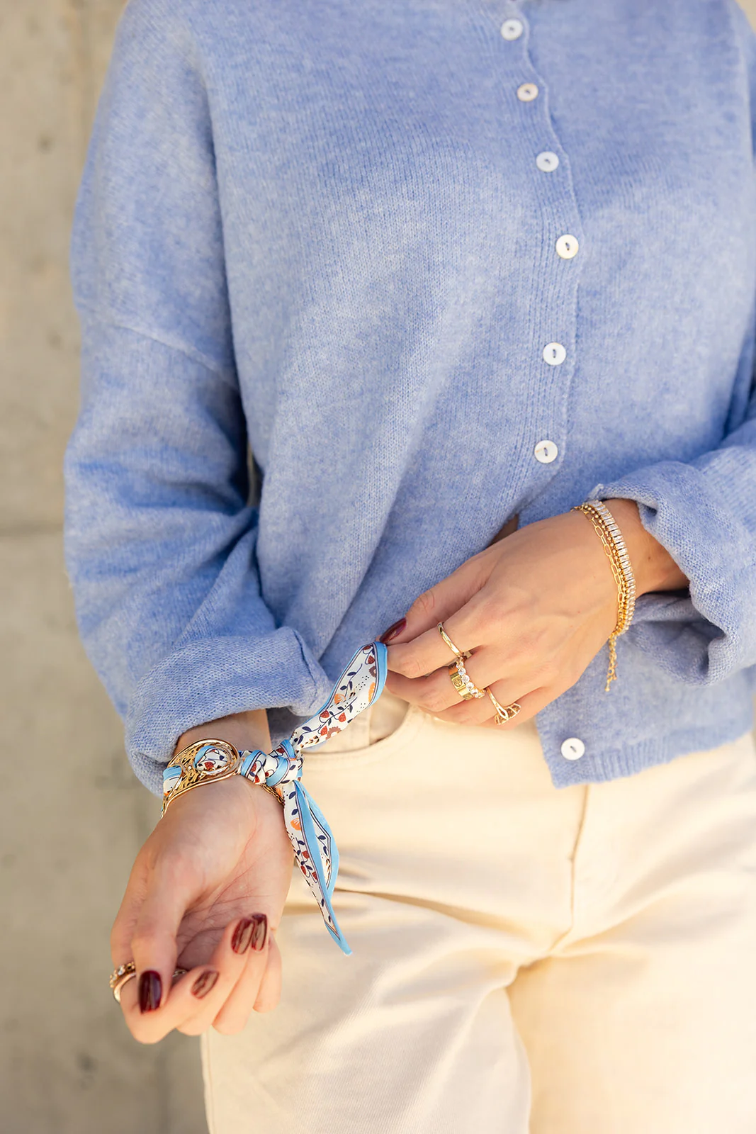 Isla Cream & Blue Scarf Gold Cuff Bracelet - Image 4
