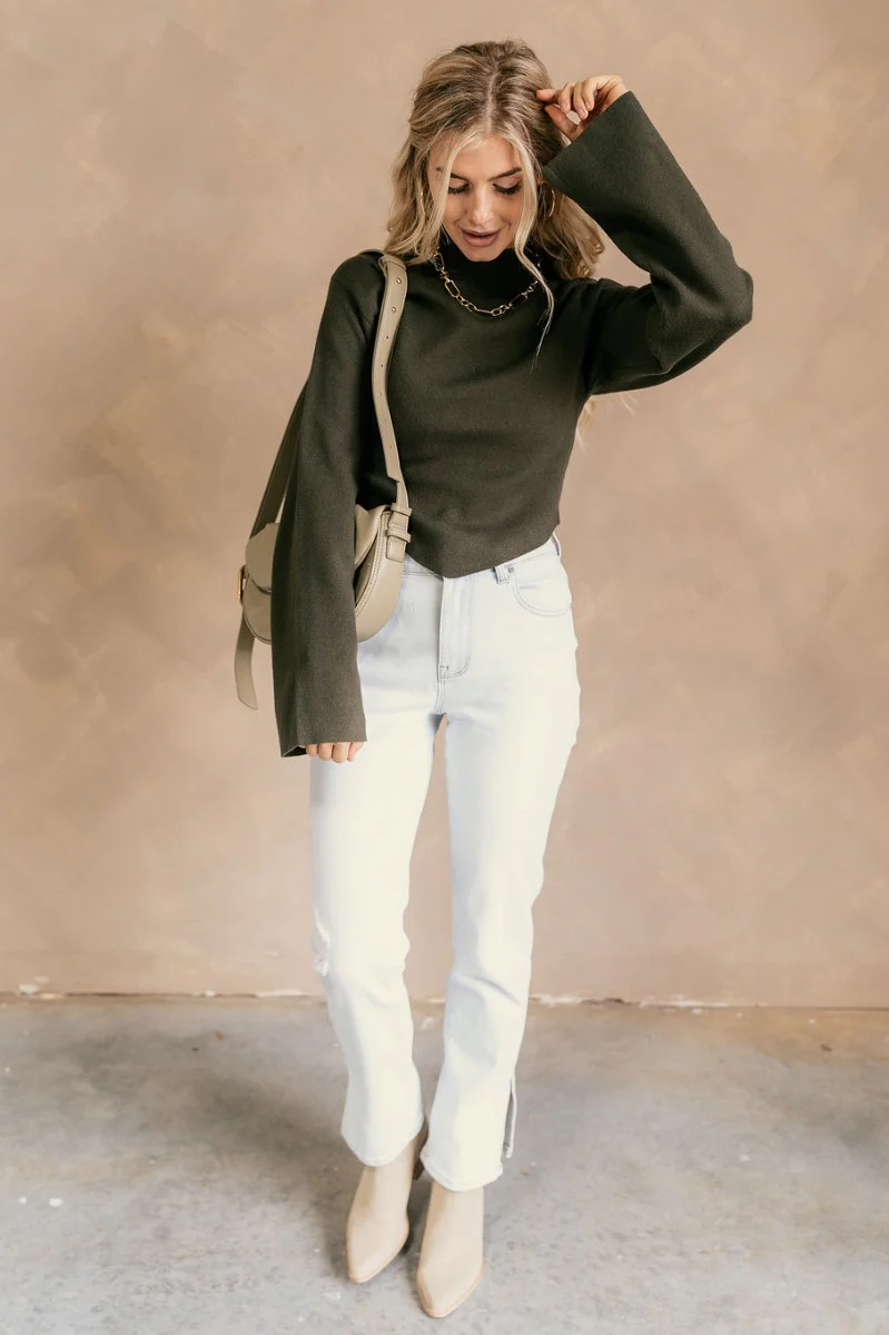 Isla Olive Green Long Flare Sleeve Cropped Sweater - Image 2