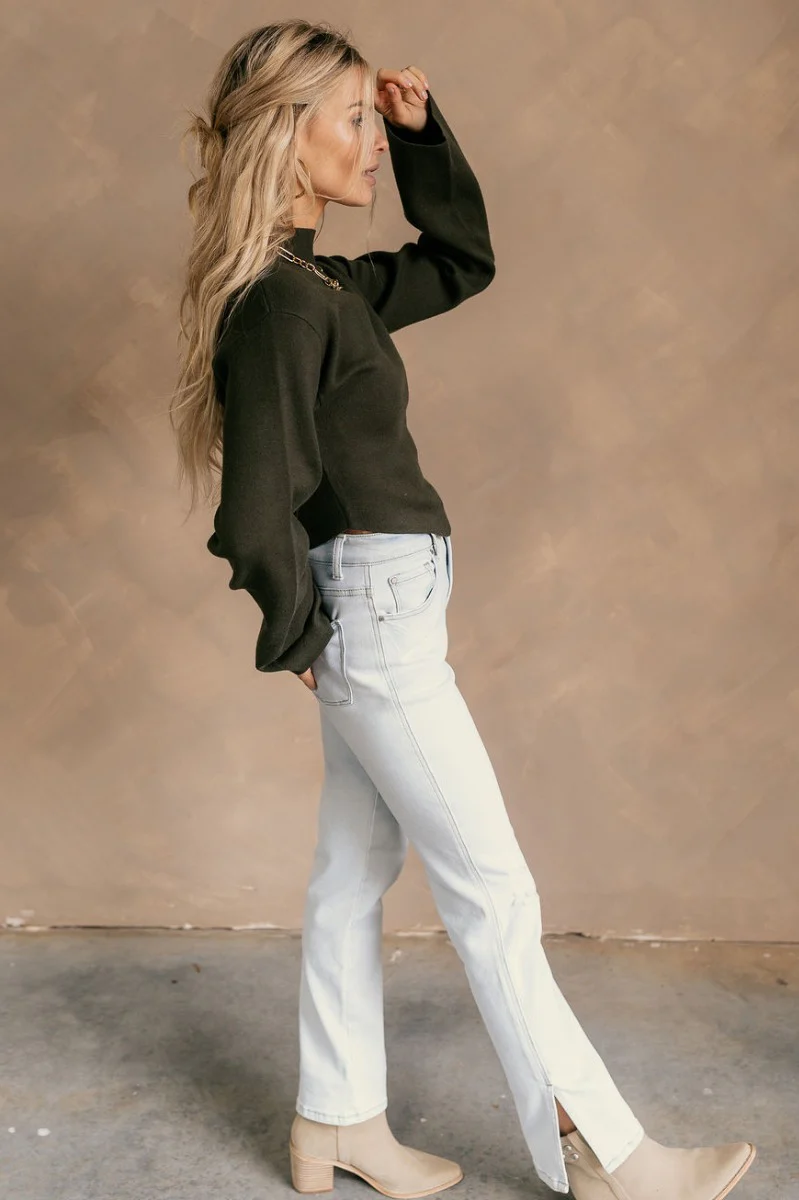 Isla Olive Green Long Flare Sleeve Cropped Sweater - Image 6
