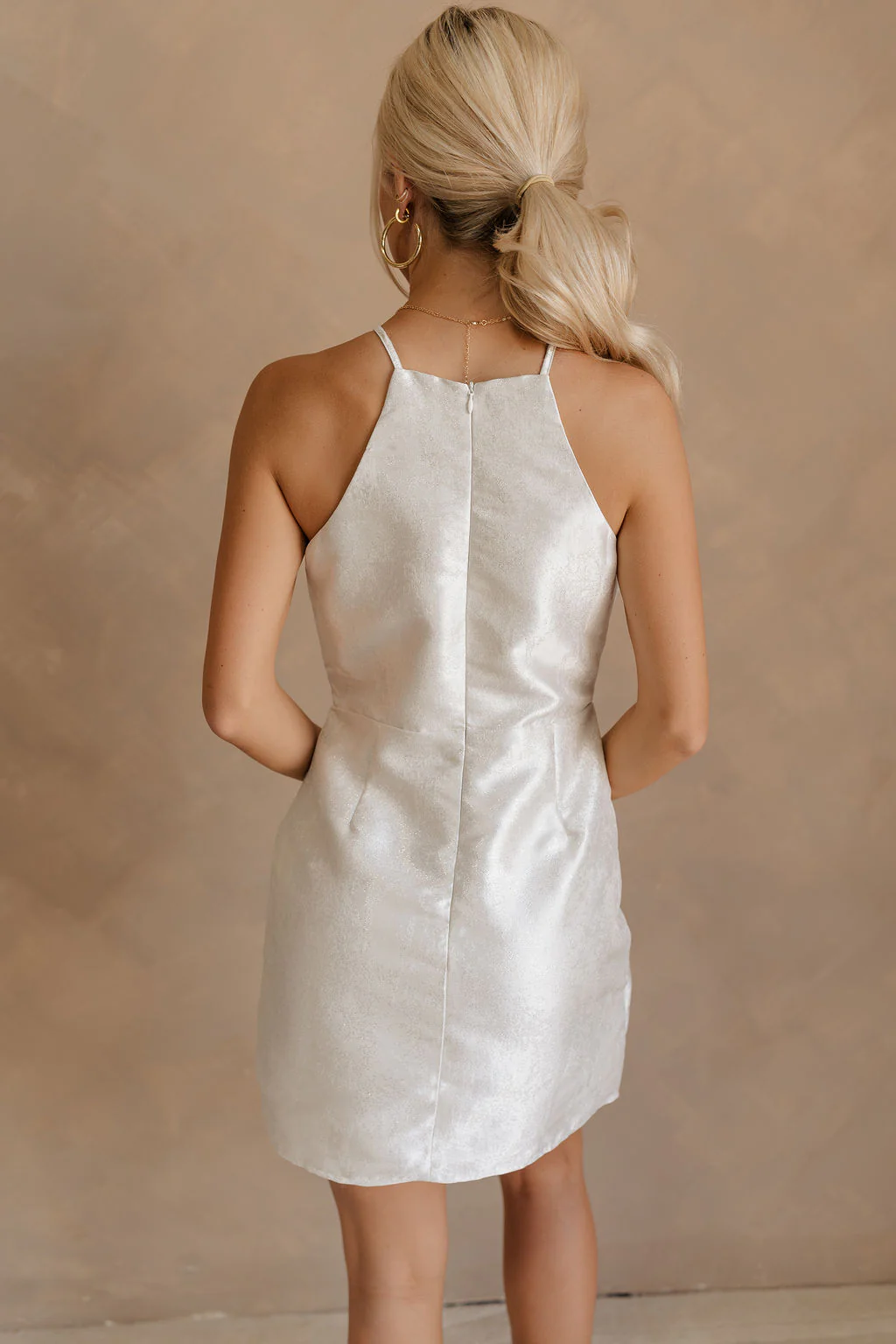 Isla White Silver Ruched Halter Neckline Mini Dress - Image 4