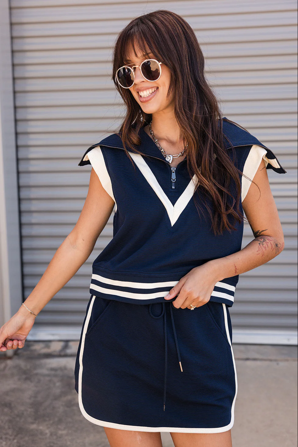 Izzy Navy & White Quarter-Zip Top - Image 2