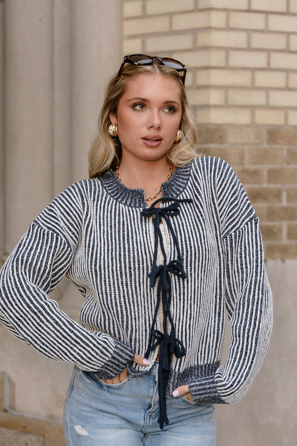 Jaclyn Navy Striped Tie-Front Sweater