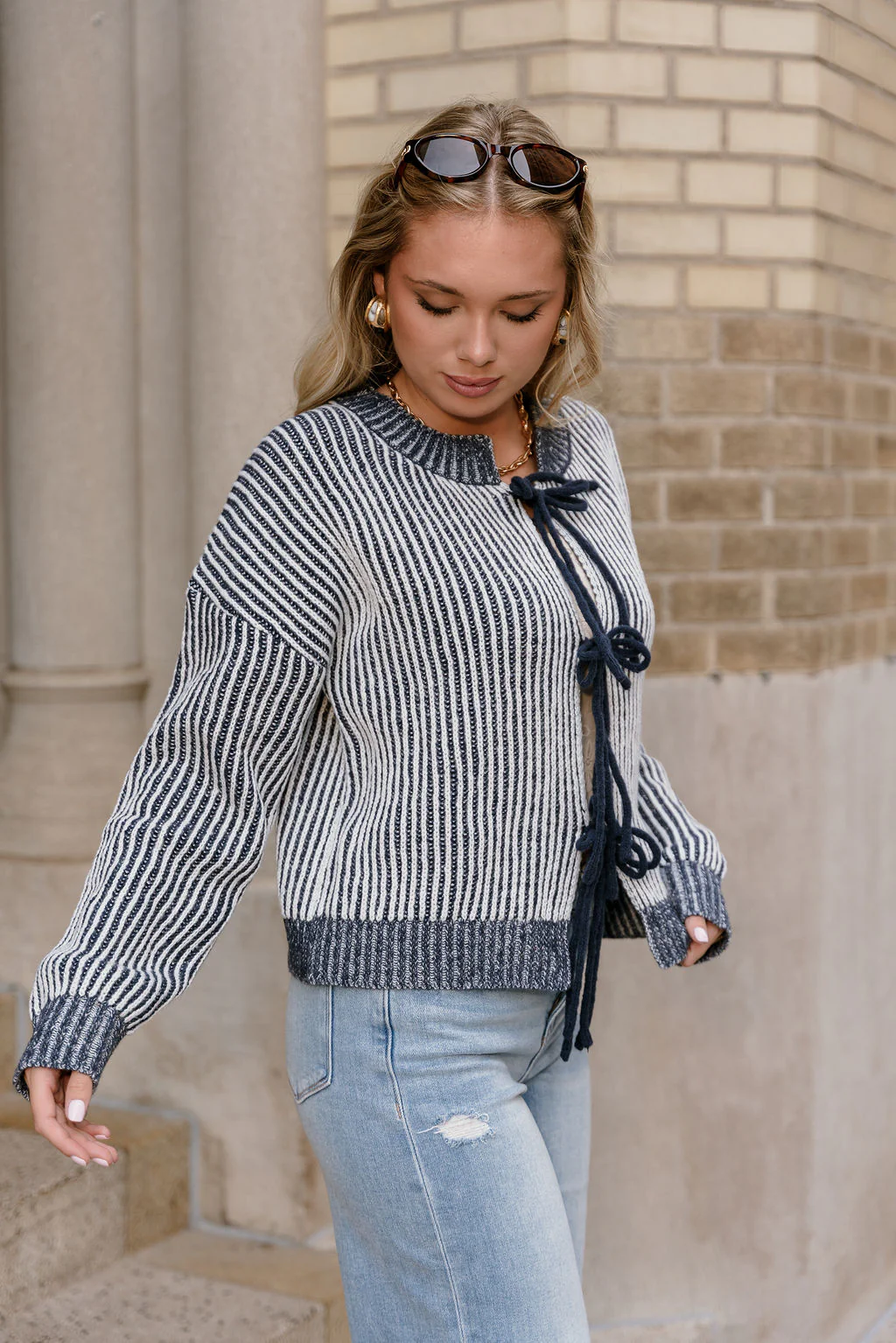 Jaclyn Navy Striped Tie-Front Sweater - Image 4