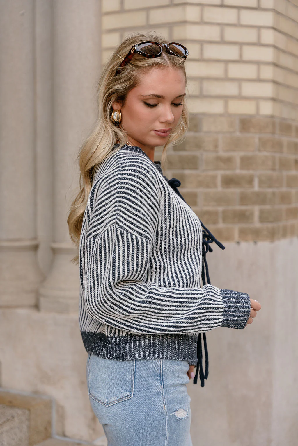 Jaclyn Navy Striped Tie-Front Sweater - Image 5