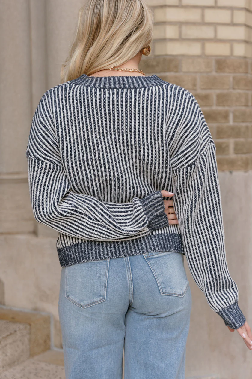 Jaclyn Navy Striped Tie-Front Sweater - Image 6