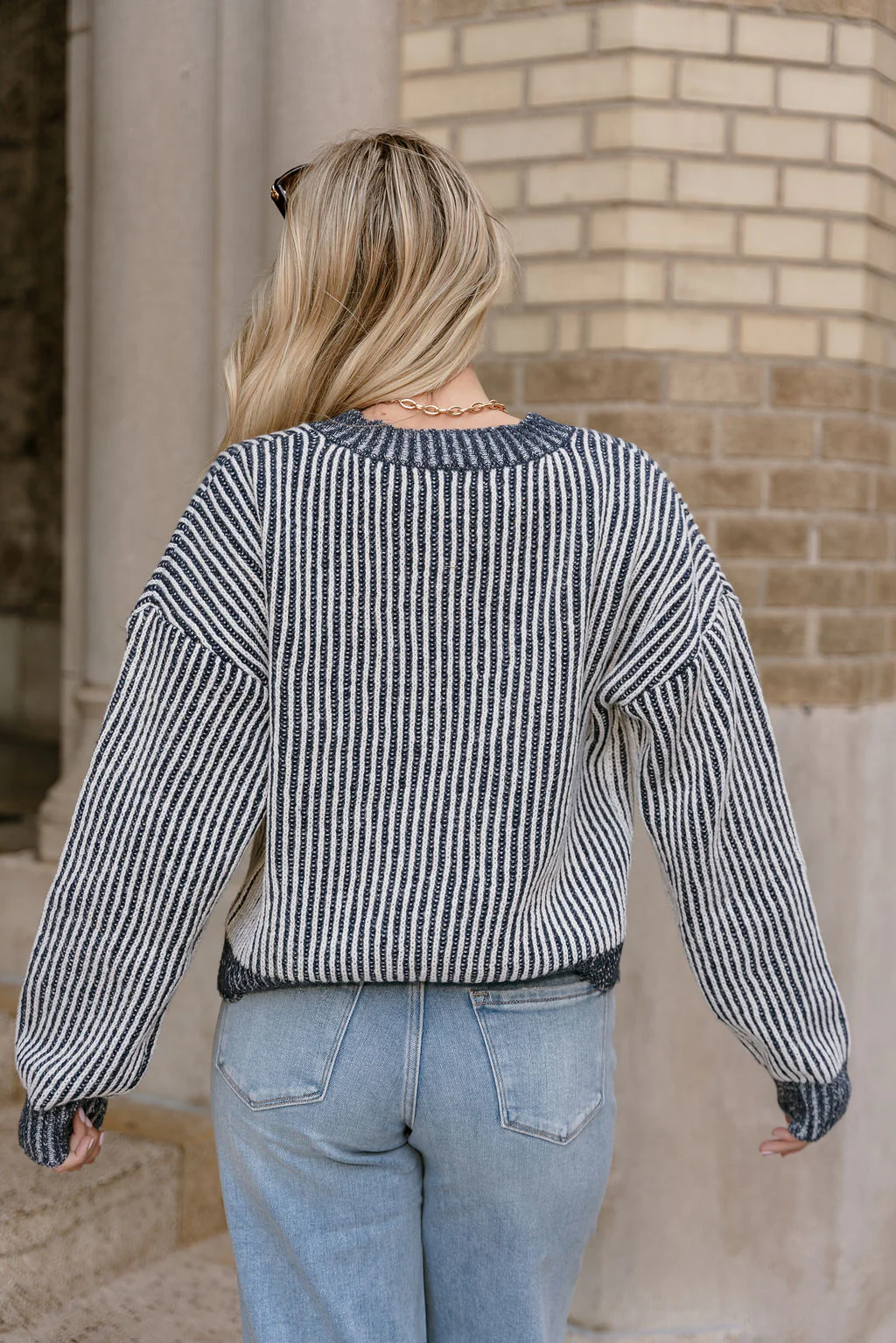 Jaclyn Navy Striped Tie-Front Sweater - Image 8