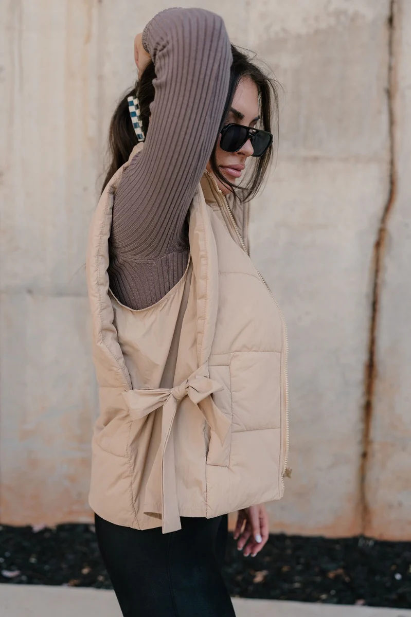 Janelle Light Camel Puffer Side Bows Vest - Image 5