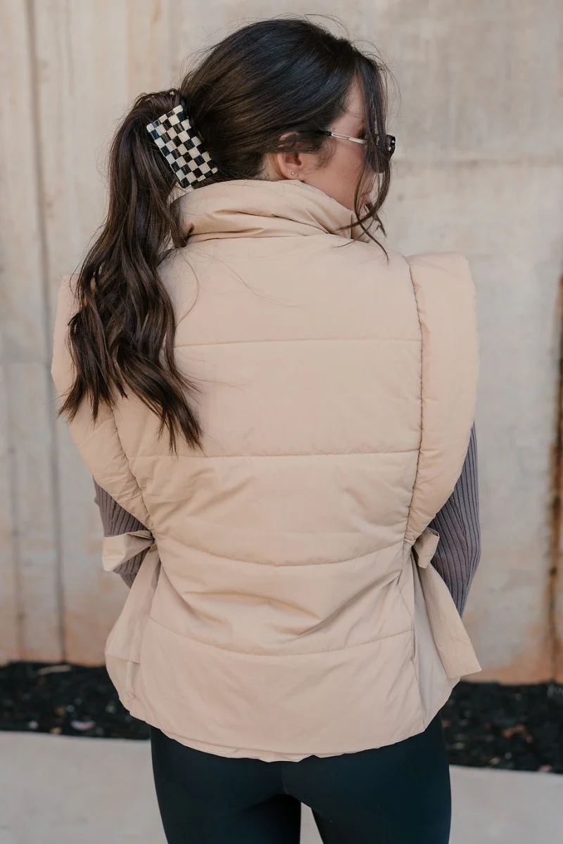 Janelle Light Camel Puffer Side Bows Vest - Image 7