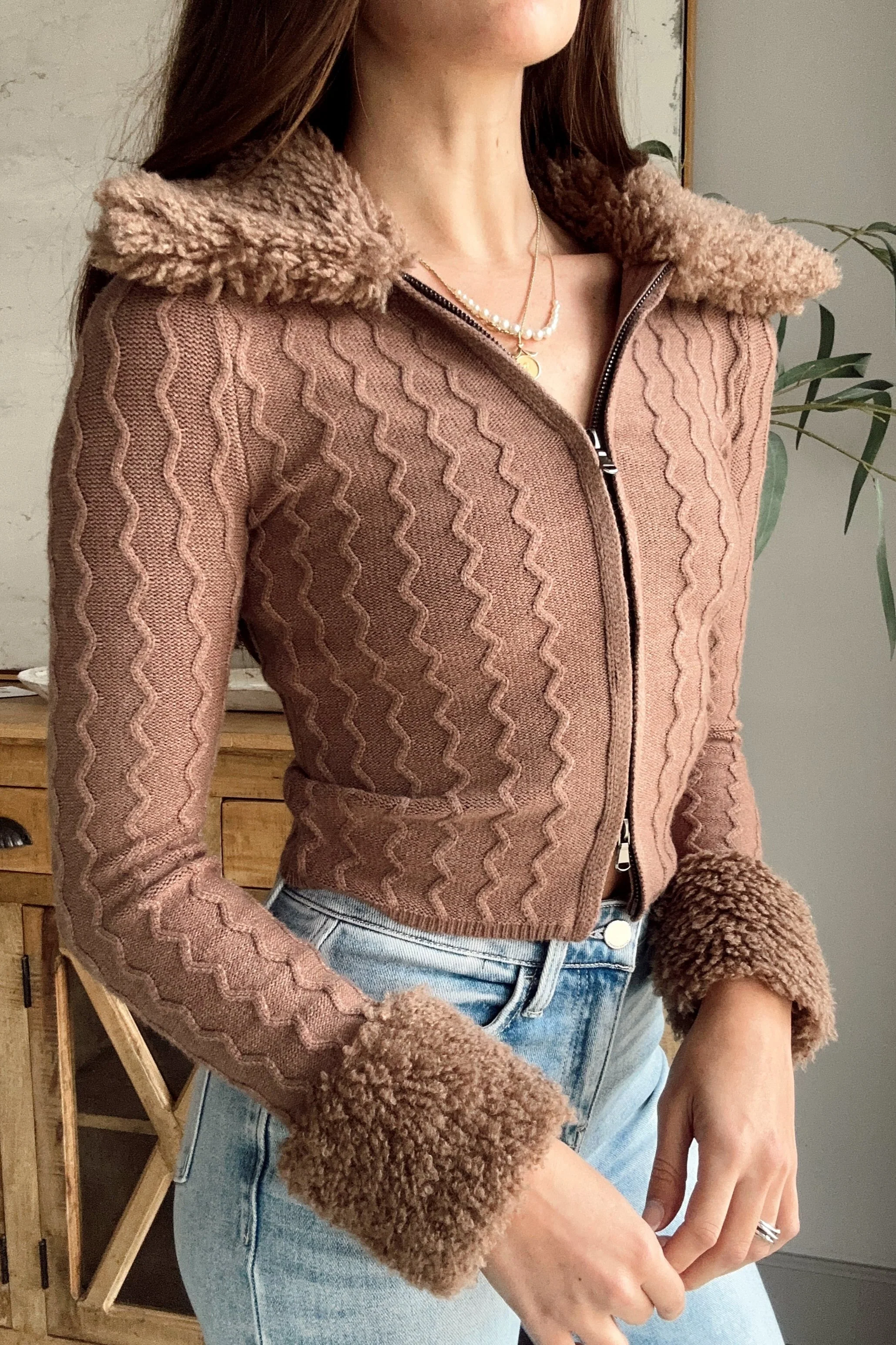 Jasmine Mocha Ribbed Sherpa Cardigan - Image 6