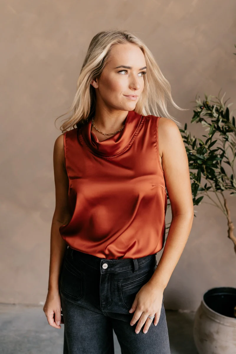 Jasmine Rust Satin Cowl Neck Tank Top - Image 5