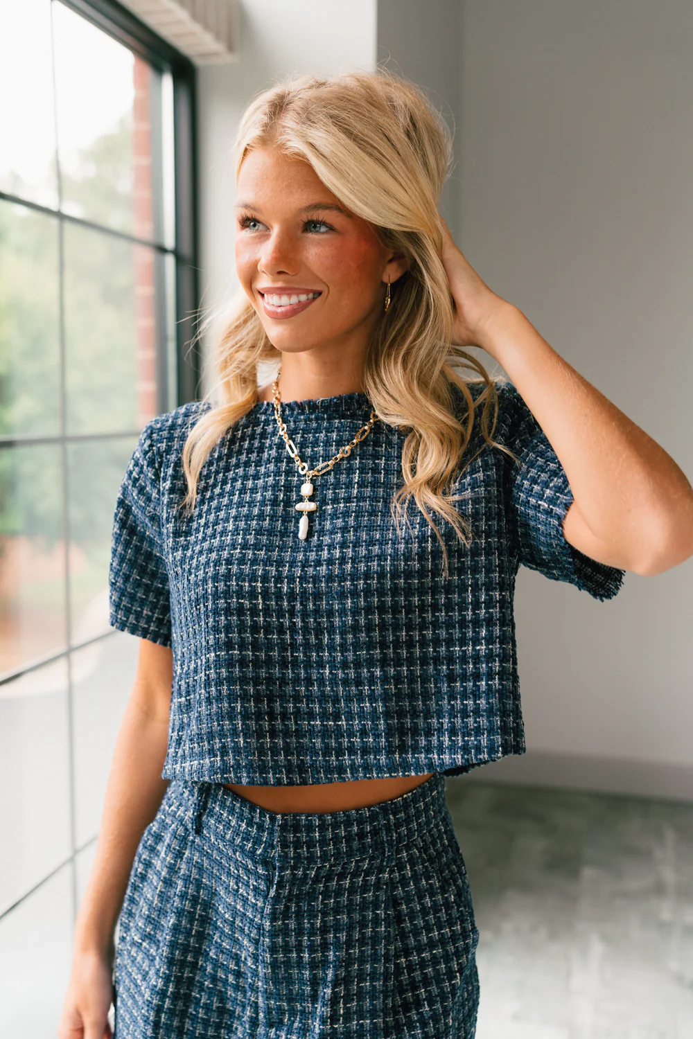Jemma Navy Tweed Short Sleeve Top