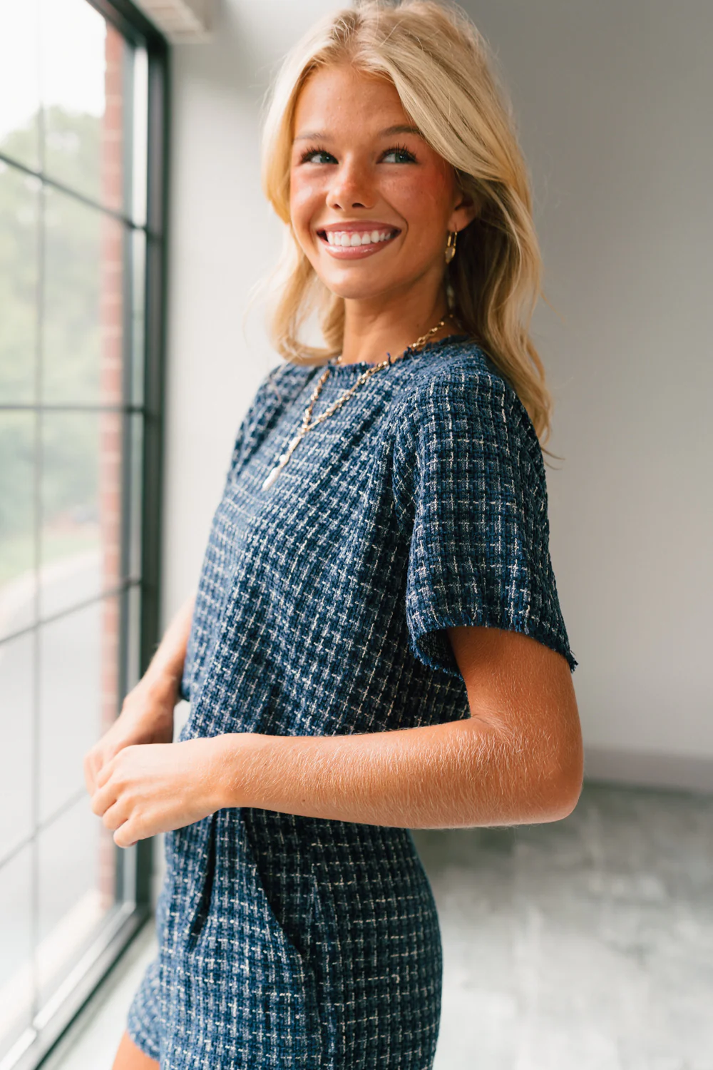 Jemma Navy Tweed Short Sleeve Top - Image 2