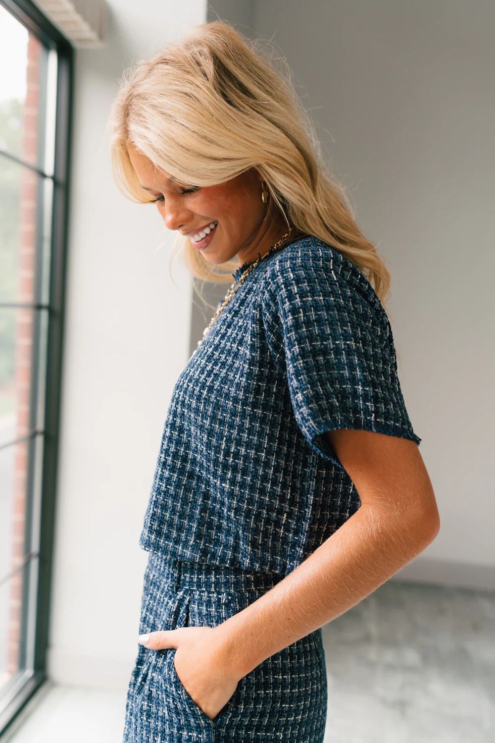 Jemma Navy Tweed Short Sleeve Top - Image 3