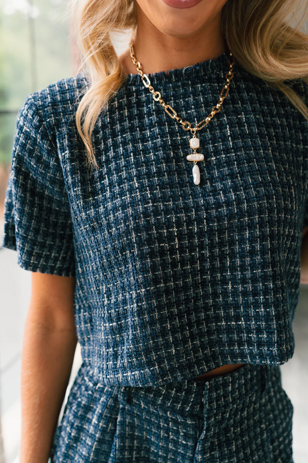 Jemma Navy Tweed Short Sleeve Top - Image 4