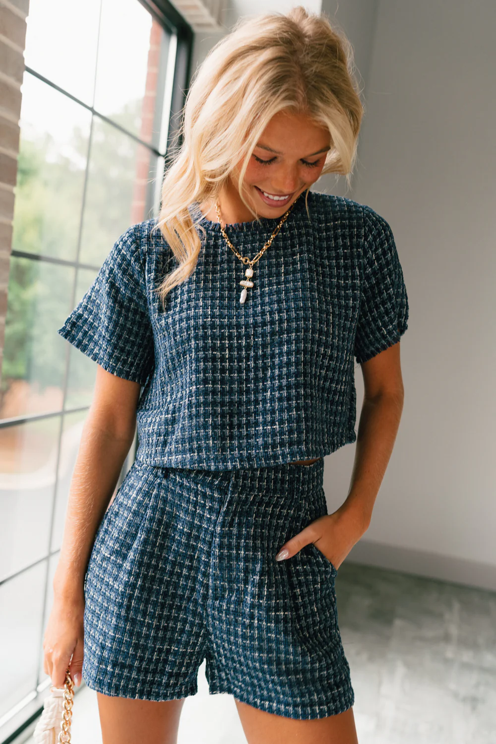 Jemma Navy Tweed Short Sleeve Top - Image 6