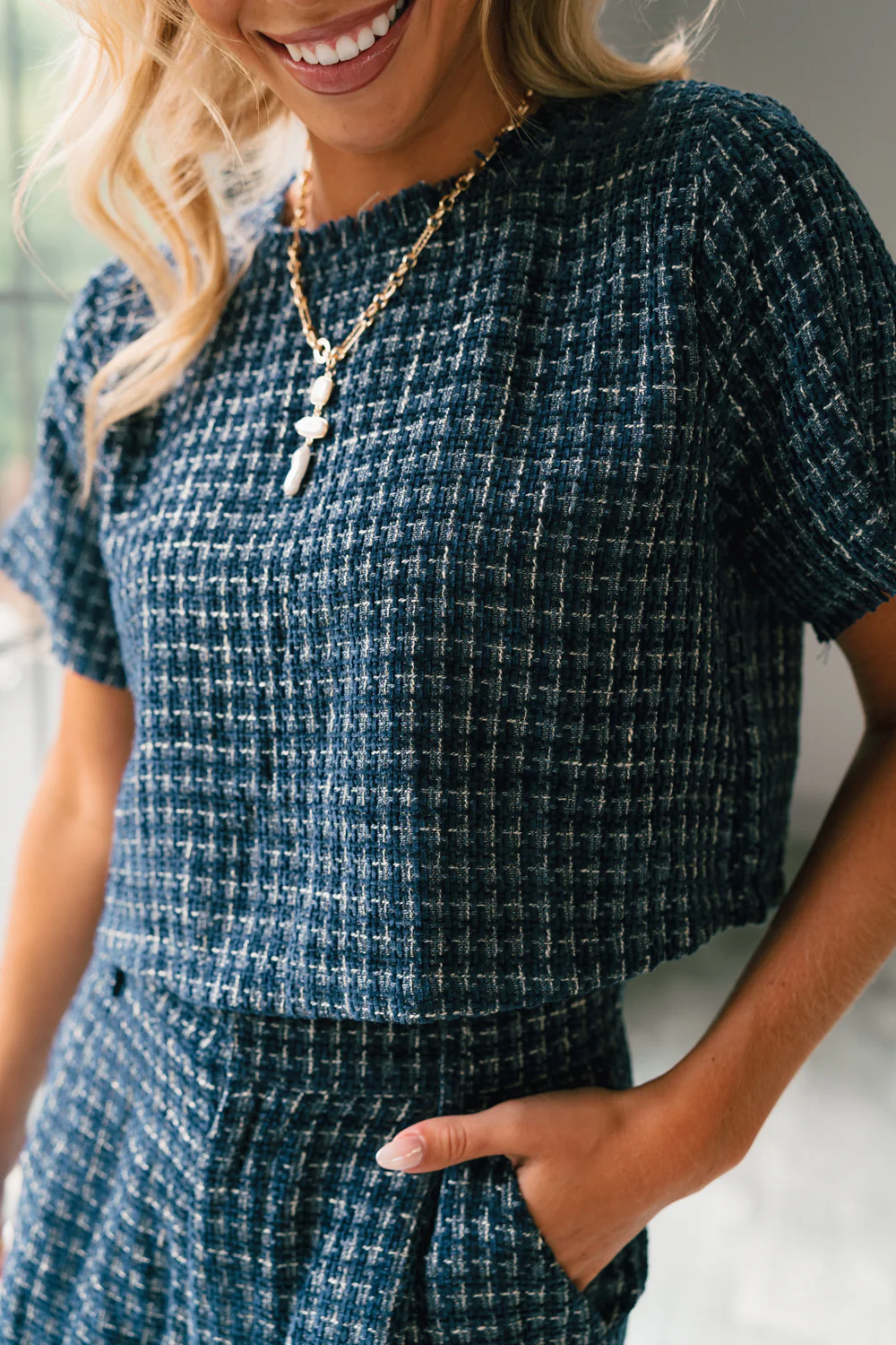 Jemma Navy Tweed Short Sleeve Top - Image 7