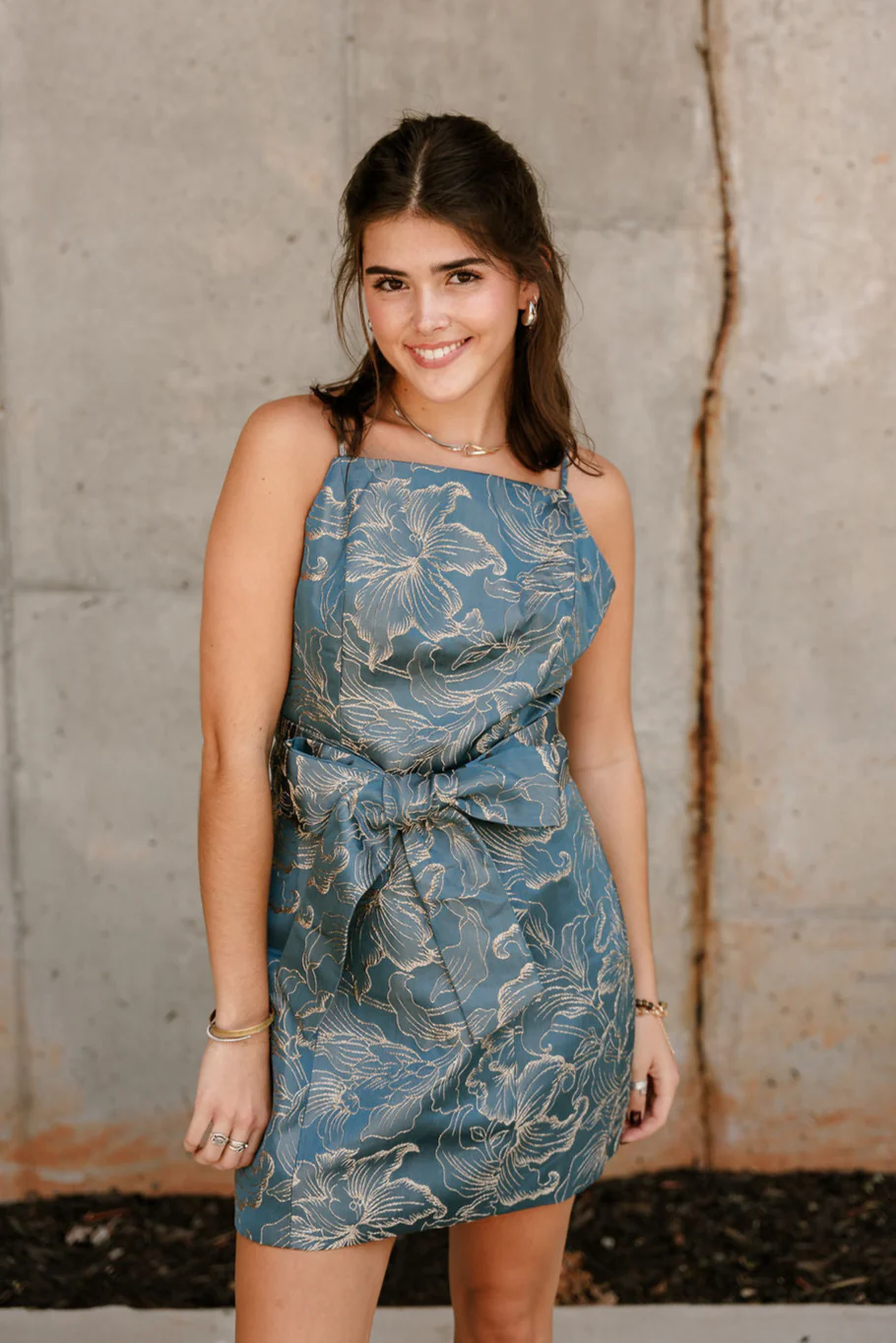 Jenna Blue & Gold Floral Tie Waist Mini Dress - Image 2