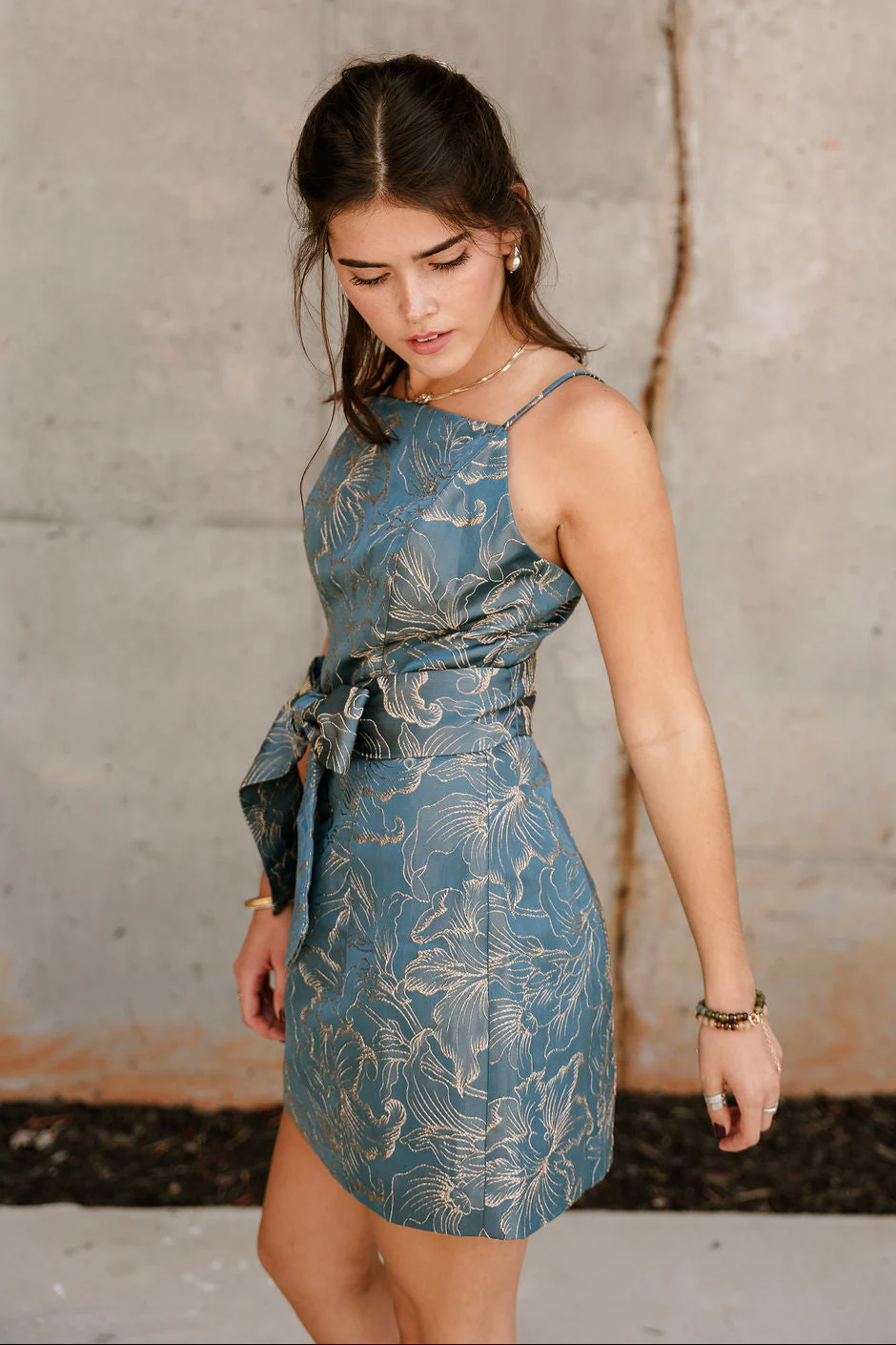 Jenna Blue & Gold Floral Tie Waist Mini Dress - Image 7