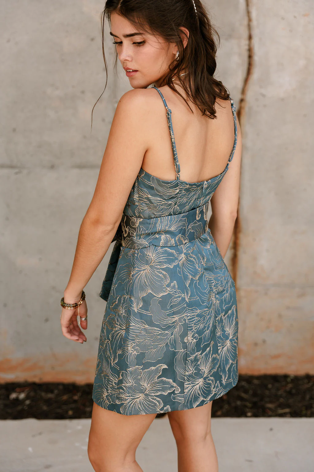 Jenna Blue & Gold Floral Tie Waist Mini Dress - Image 8