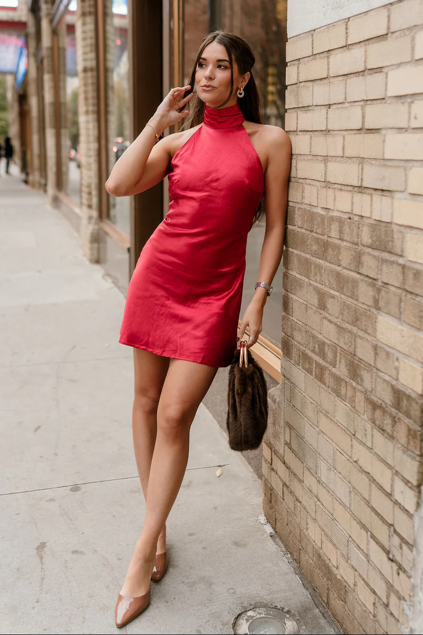 Joan Red Satin Halter Mini Dress