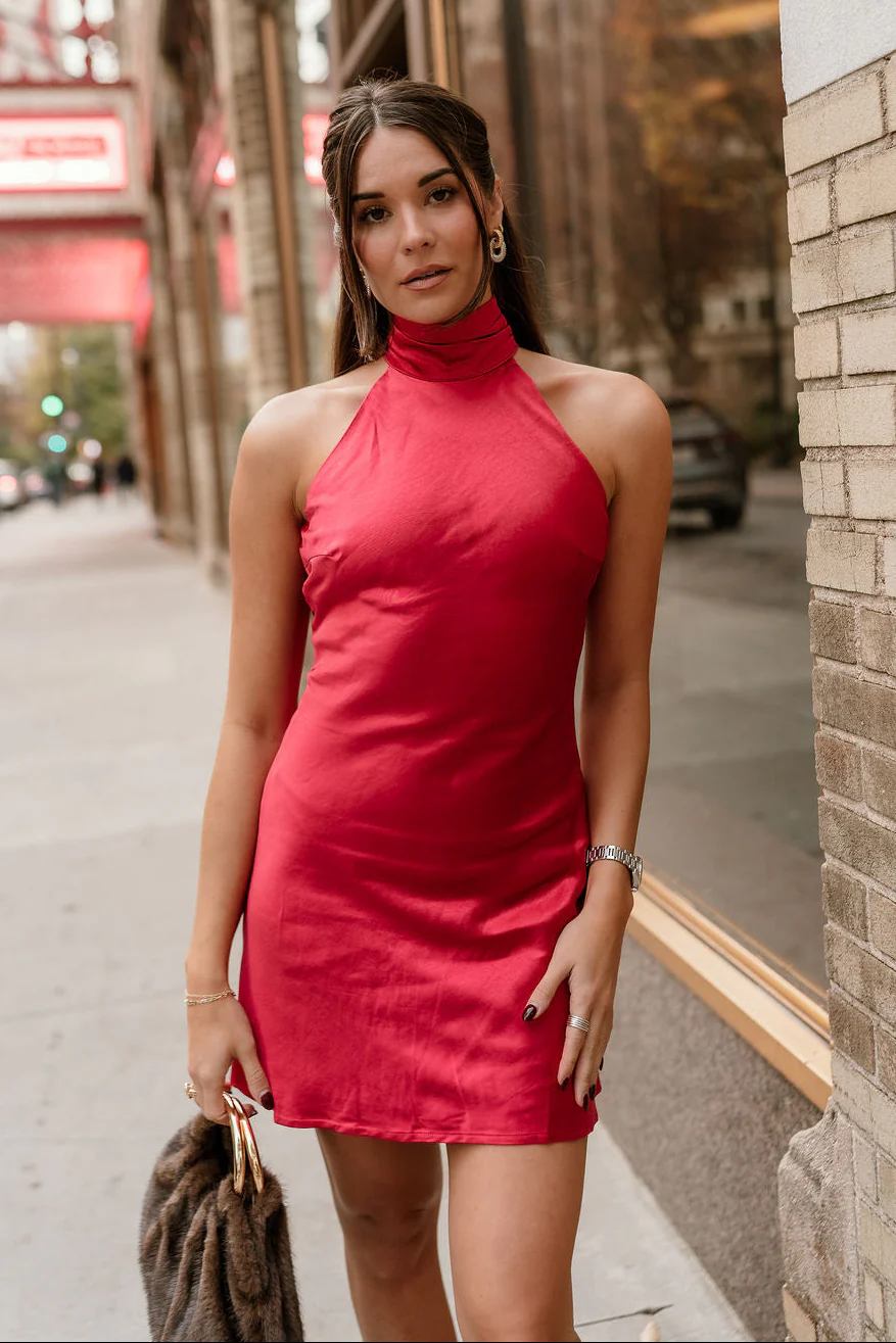 Joan Red Satin Halter Mini Dress - Image 2