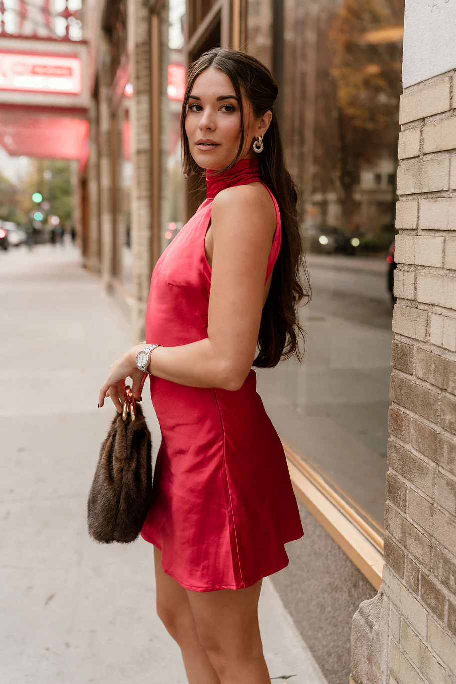 Joan Red Satin Halter Mini Dress - Image 6
