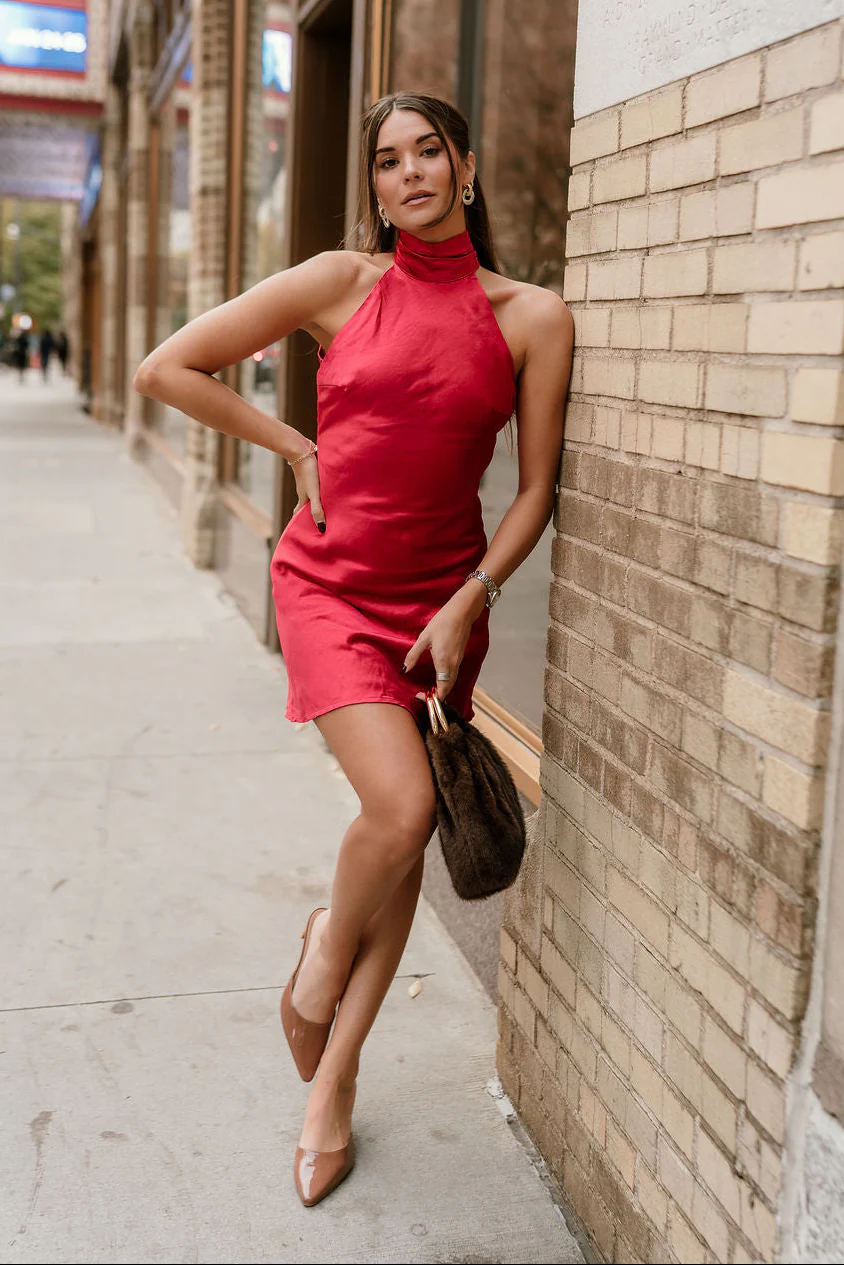 Joan Red Satin Halter Mini Dress - Image 8