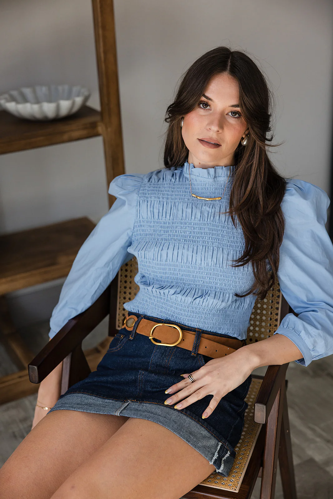 Joanna Dusty Blue Smocked Ruffle Top