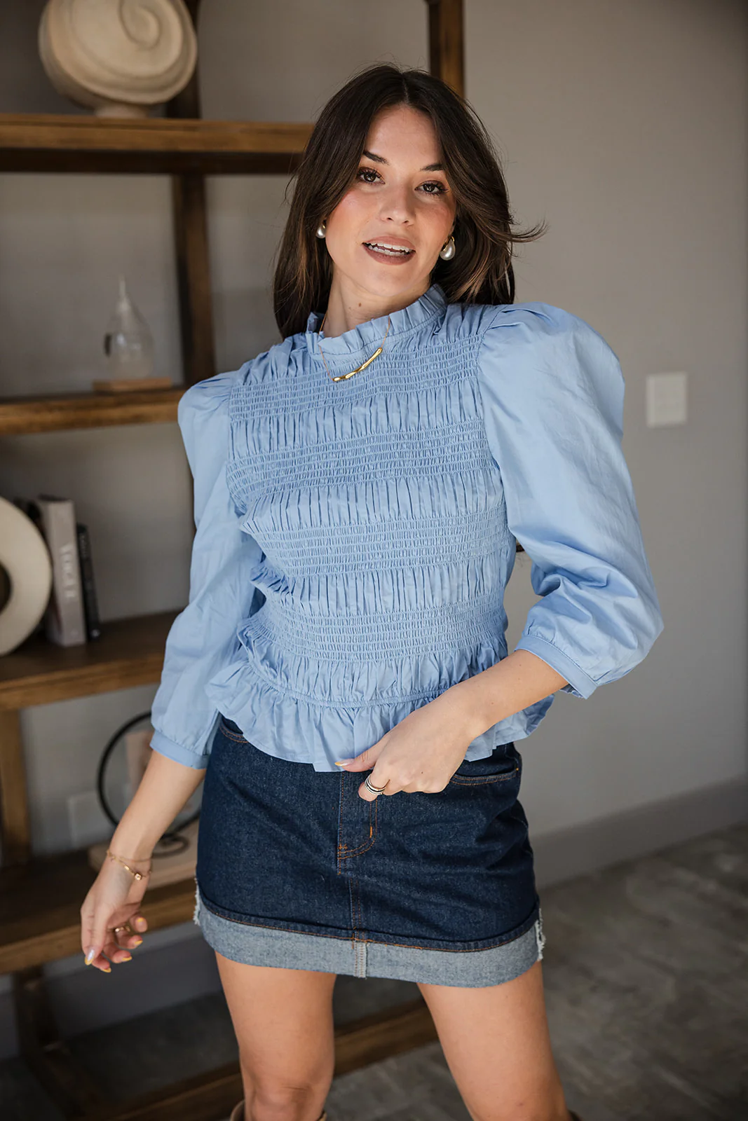 Joanna Dusty Blue Smocked Ruffle Top - Image 2