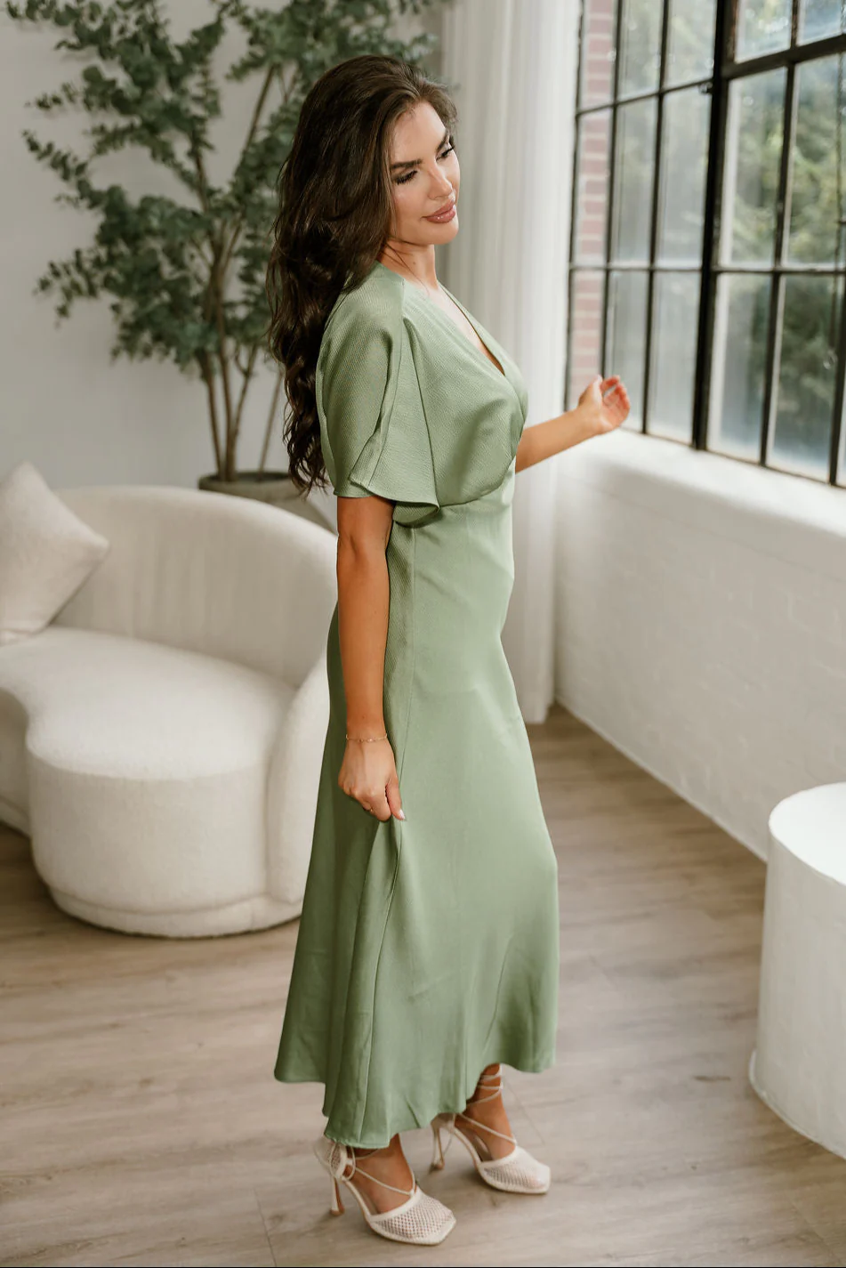 Joelle Sage Green Satin Midi Dress - Image 8