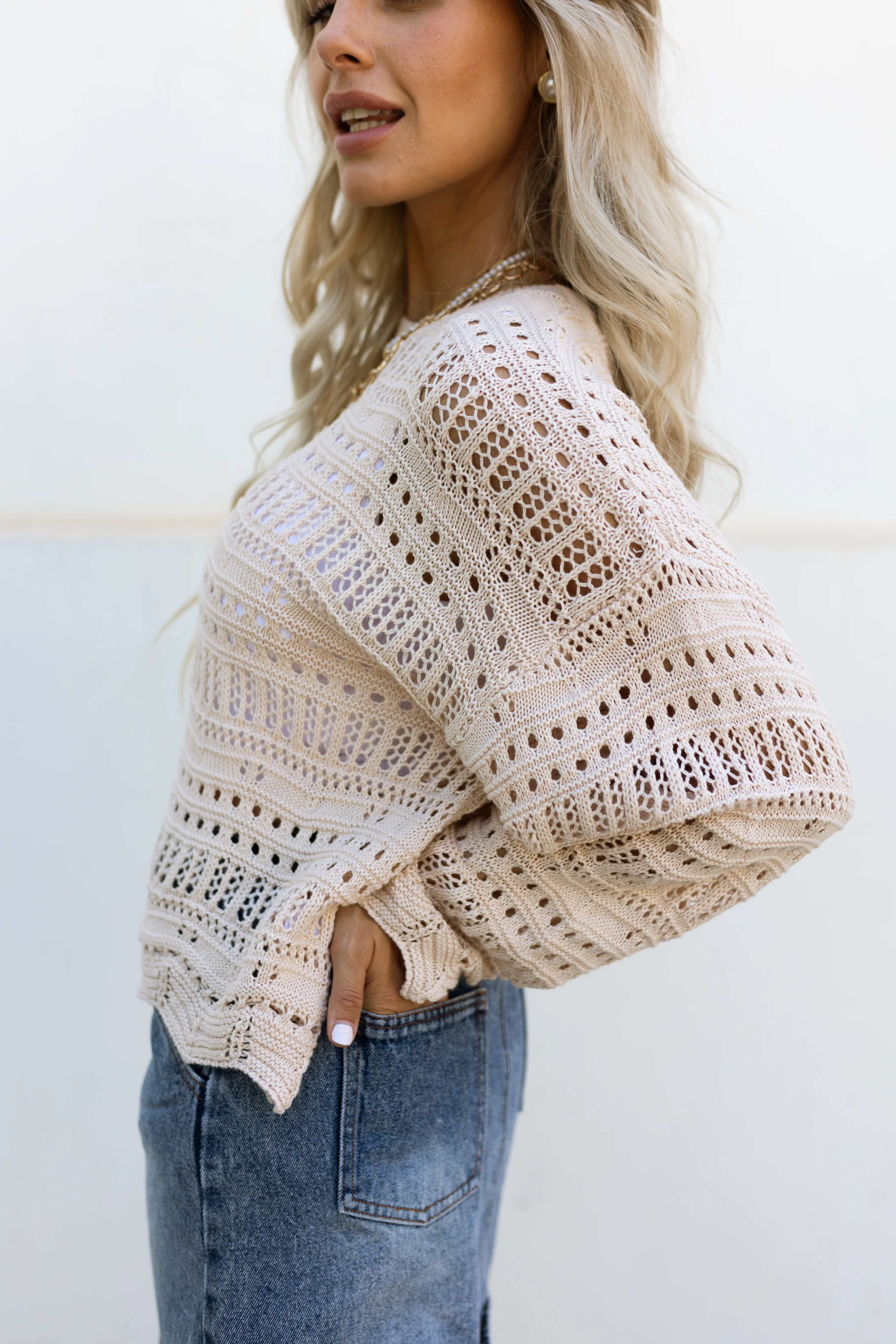 Jordan Cream Open Knit Long Sleeve Top - Image 3