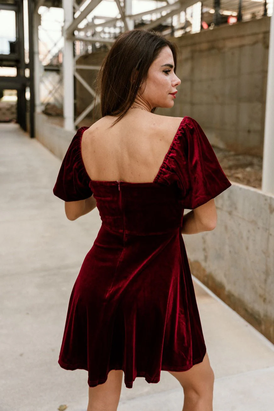 Jordyn Burgundy Velvet MIni Dress - Image 4