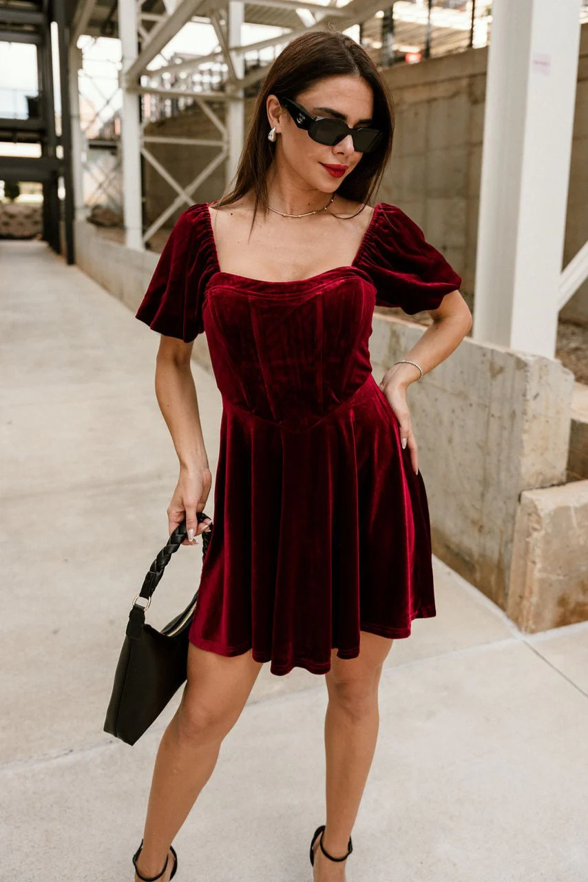 Jordyn Burgundy Velvet MIni Dress - Image 5