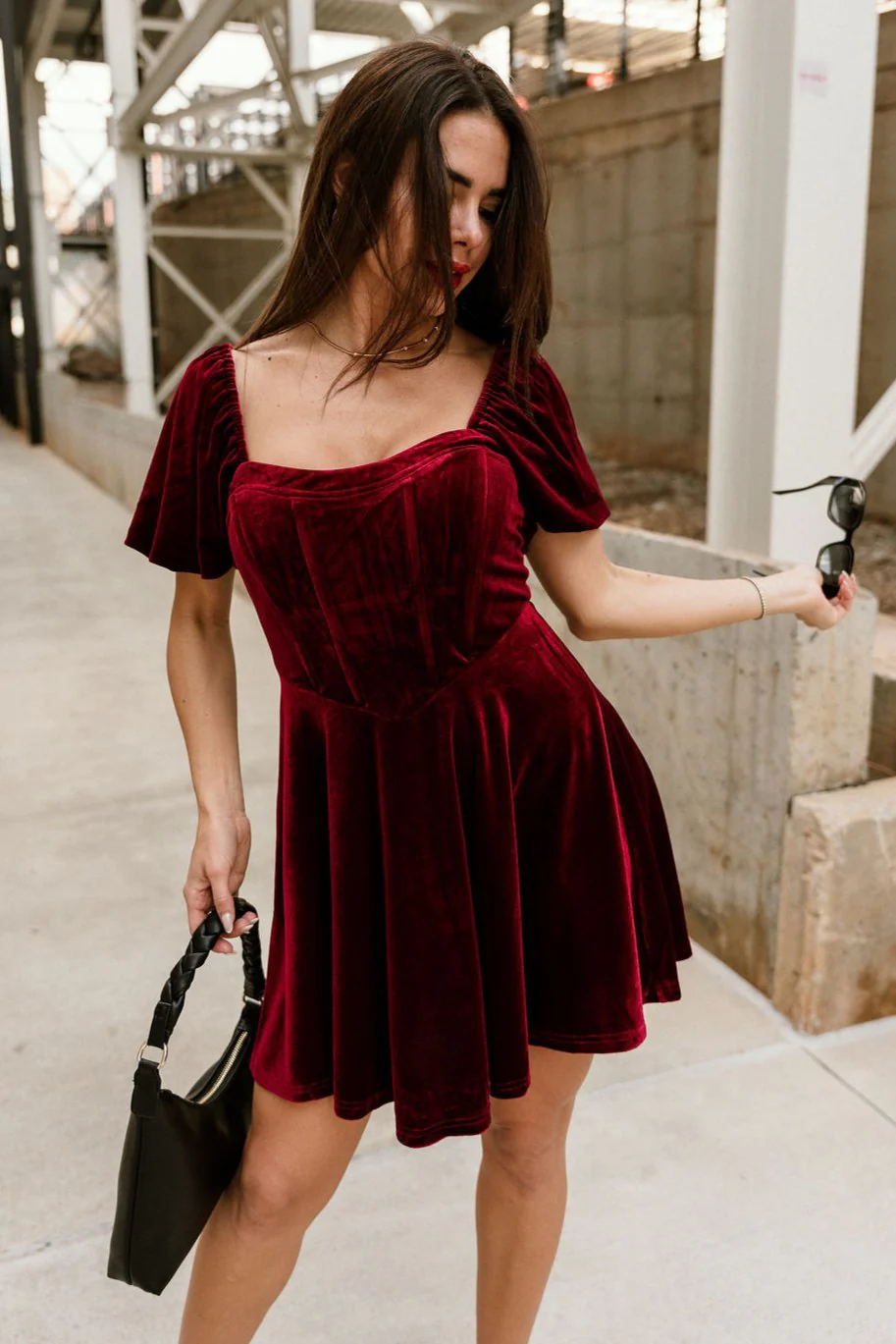 Jordyn Burgundy Velvet MIni Dress - Image 6