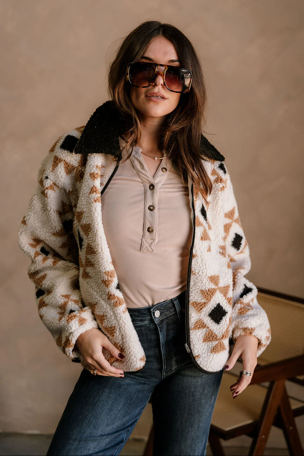 Journee Taupe Multi Sherpa Jacket - Image 7