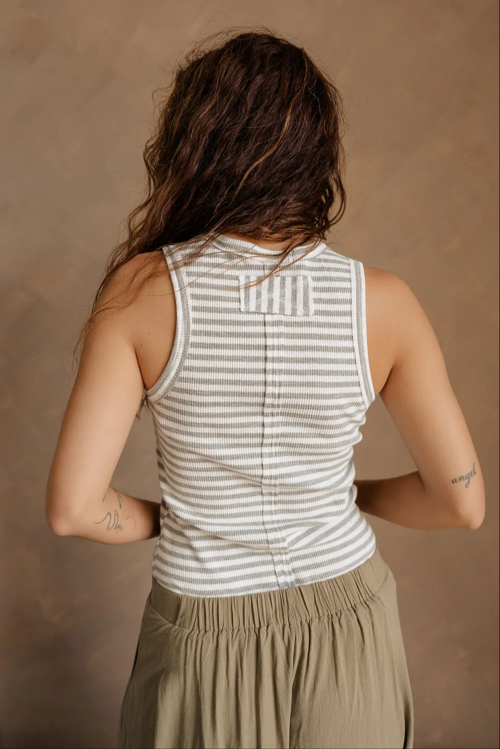 Julia Grey & White Stripe Waffle Knit Henley Tank - Image 4