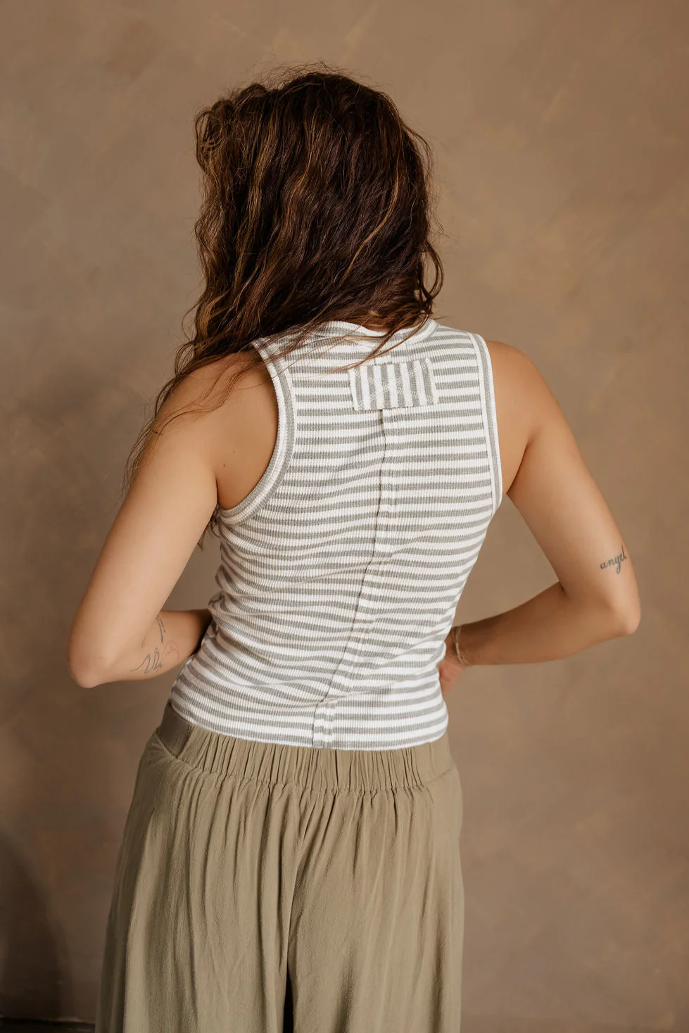 Julia Grey & White Stripe Waffle Knit Henley Tank - Image 7