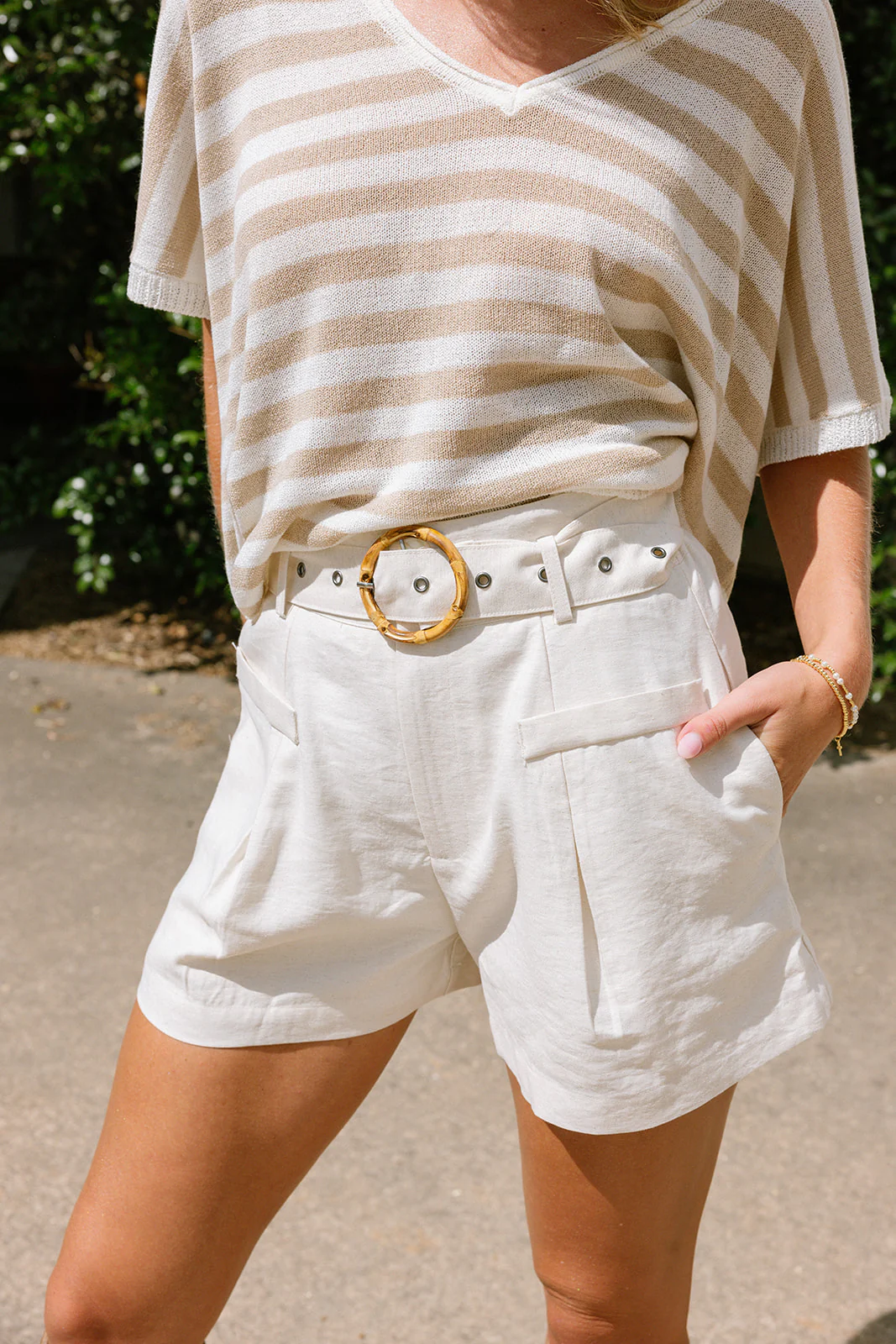 Julia Oatmeal Linen & Bamboo Buckle Shorts - Image 5