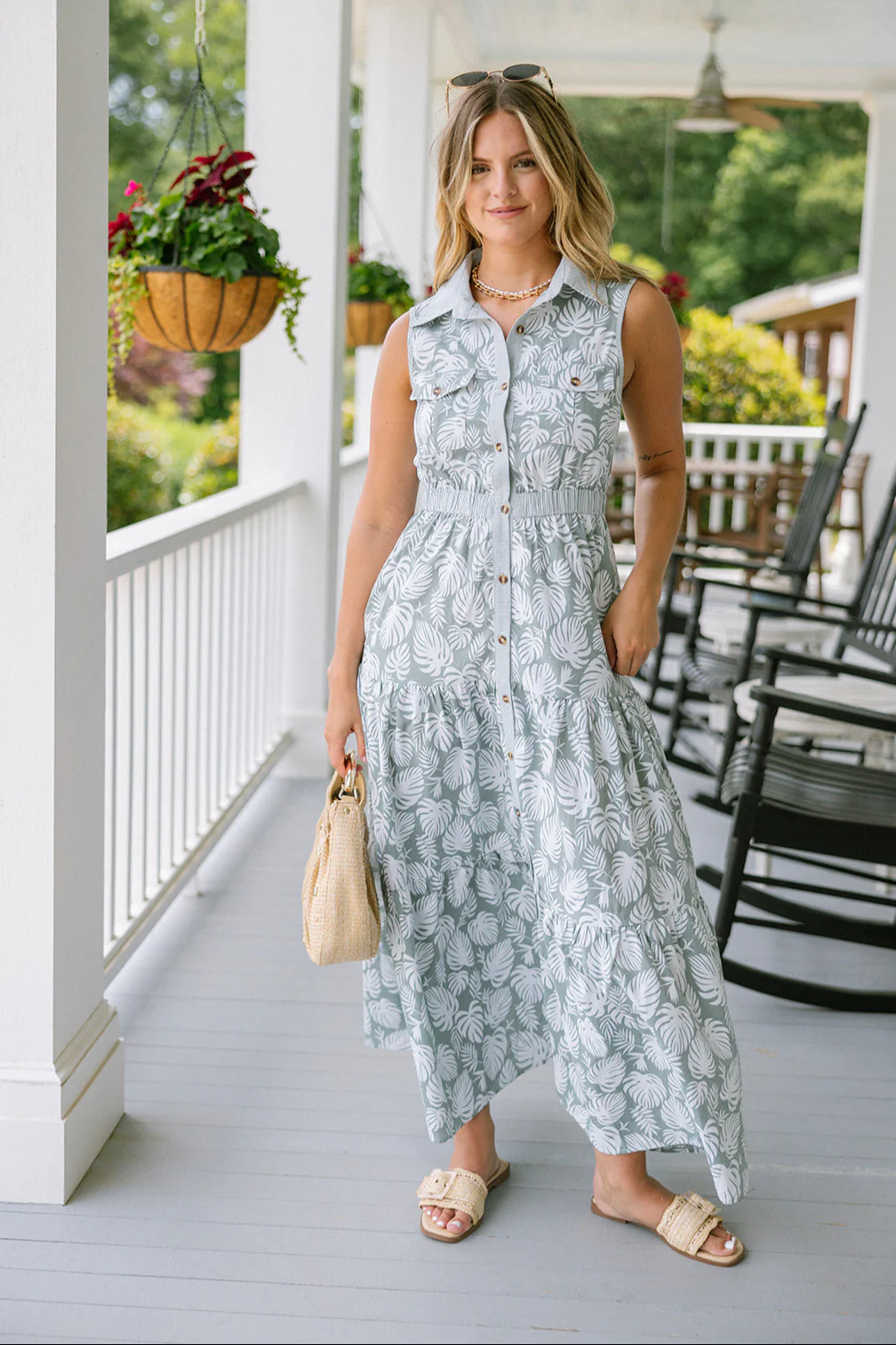 Juliana Blue Palm Print Tiered Midi Dress - Image 2