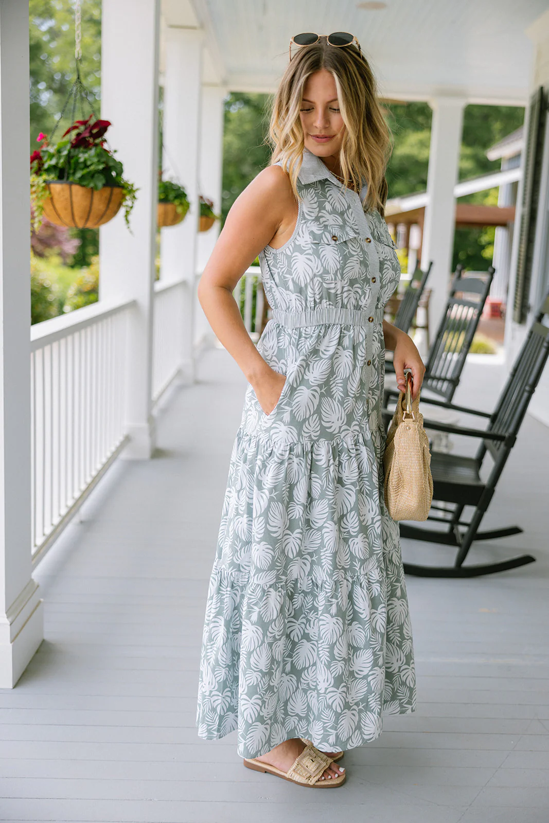 Juliana Blue Palm Print Tiered Midi Dress - Image 4