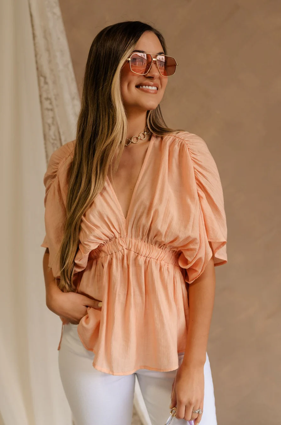 Juliet Peach Ruched Short Sleeve Top