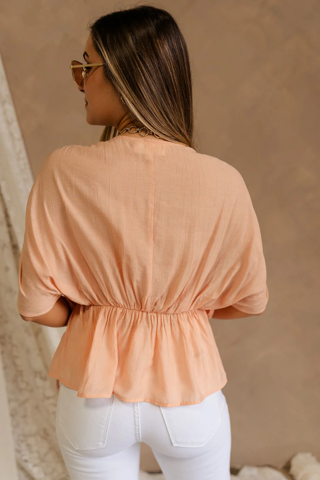 Juliet Peach Ruched Short Sleeve Top - Image 3