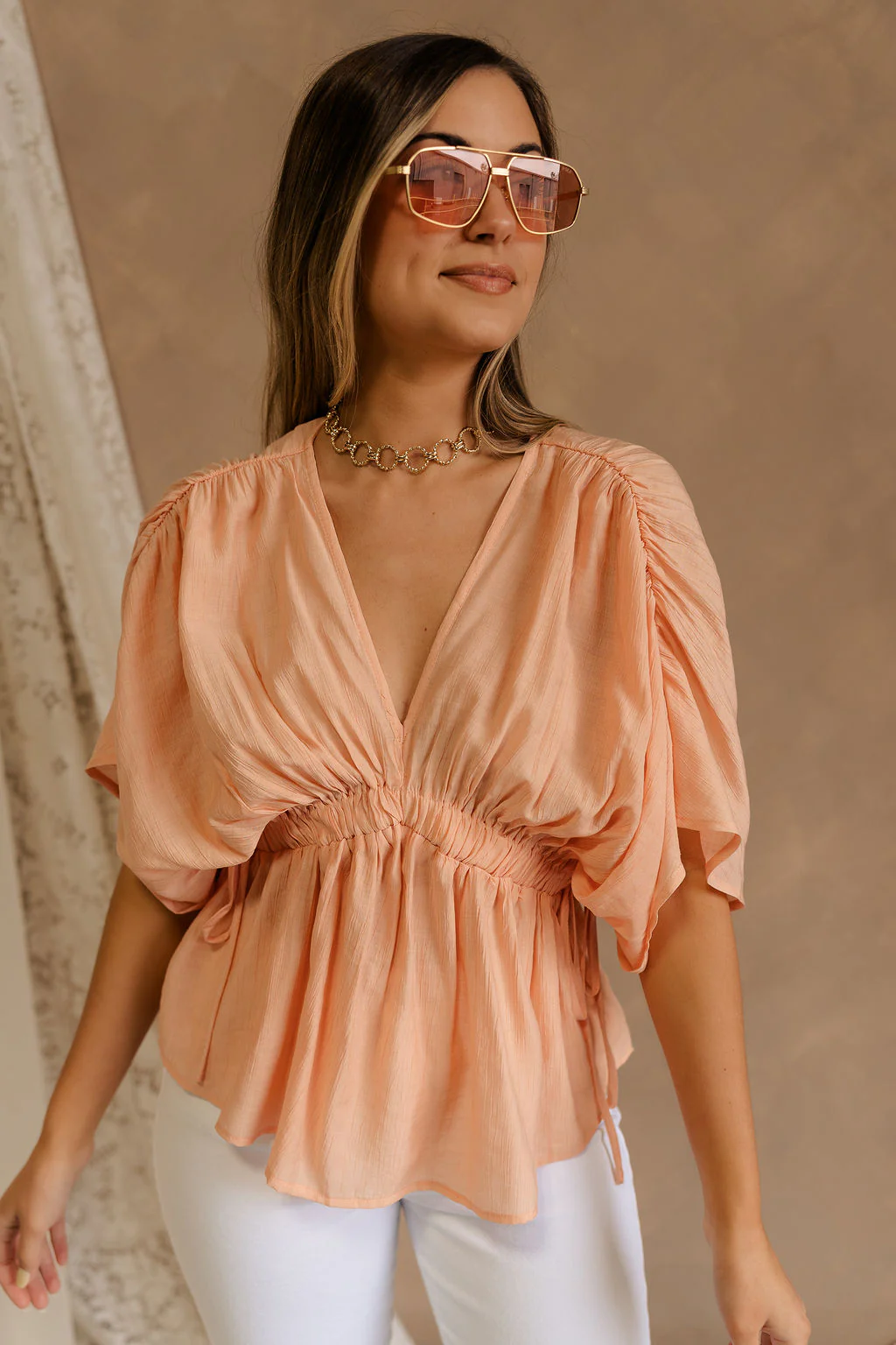 Juliet Peach Ruched Short Sleeve Top - Image 4